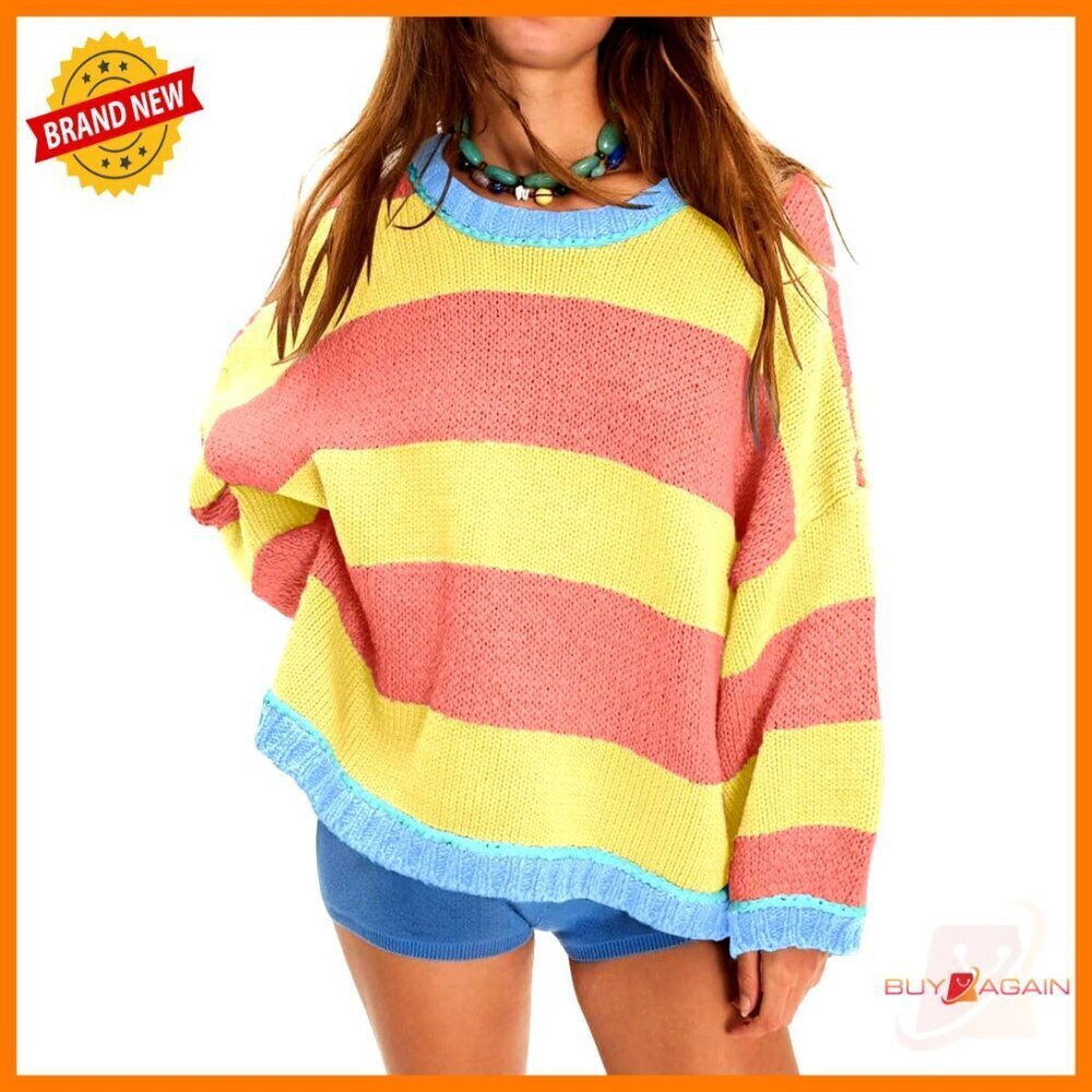 Colorful Striped Knit Sweater Oversized Drop Shoulder Loose Fit Pullover Top